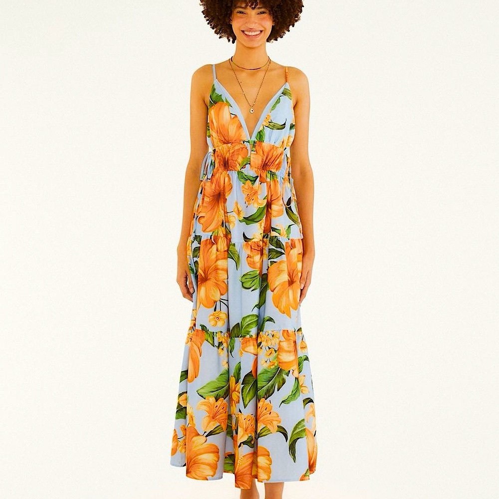 FARM Rio Brazil Blue Lily Bloom Tie Side Midi Dress (Size P= Small) NWT